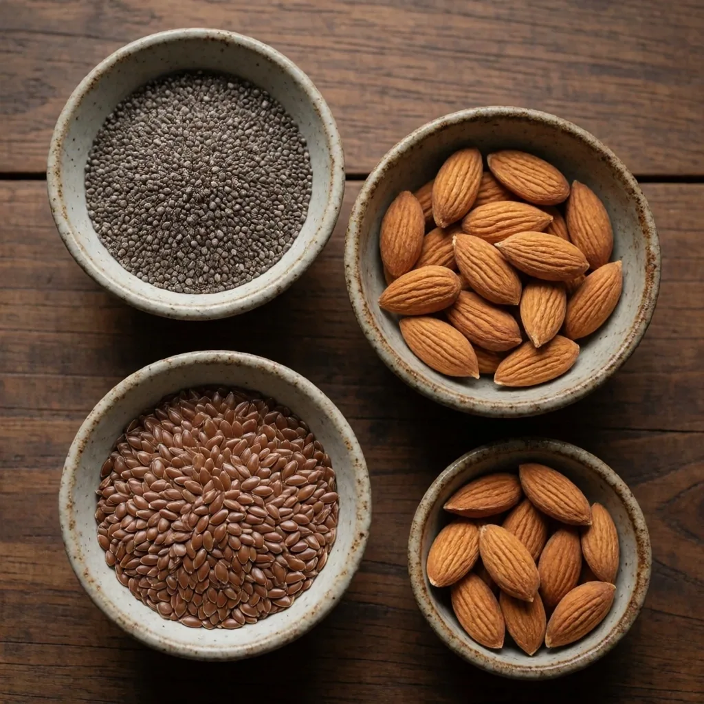Semillas de chía, linaza y almendras en cuencos de cerámica
