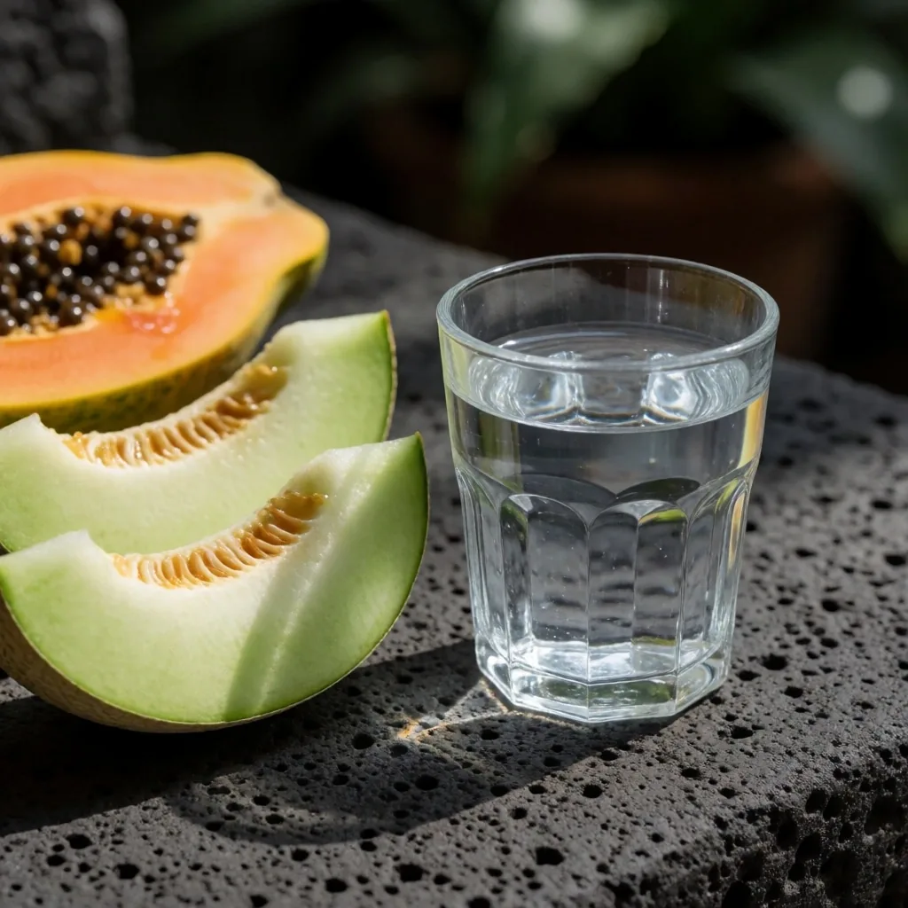 Vaso de agua y frutas frescas sobre piedra con luz matutina