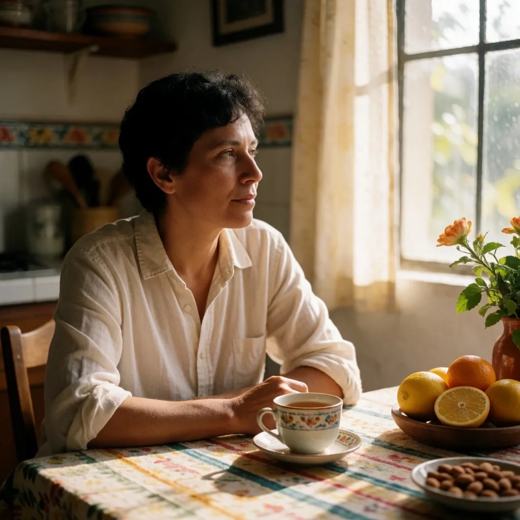 Persona con mirada relajada junto a alimentos beneficiosos para la vista