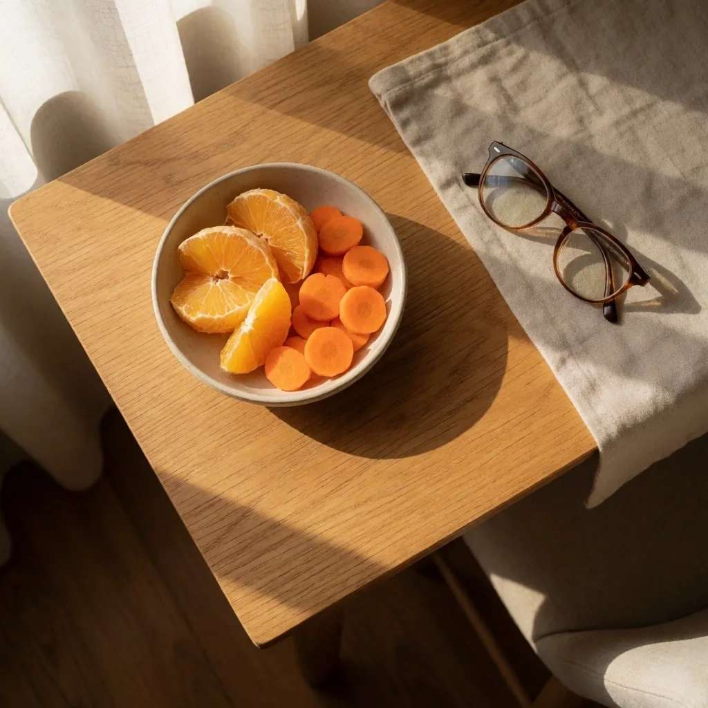 Espacio de trabajo con alimentos saludables para la vista bajo luz natural
