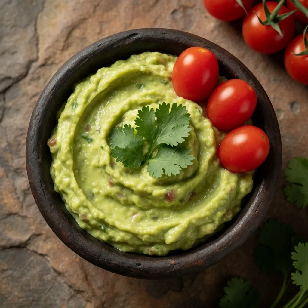 Guacamole con limón, jitomate cherry y cilantro sobre plato de barro oscuro