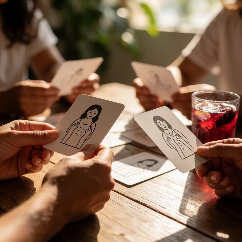 Participantes de taller revisando tarjetas ilustradas con ejercicios para los ojos
