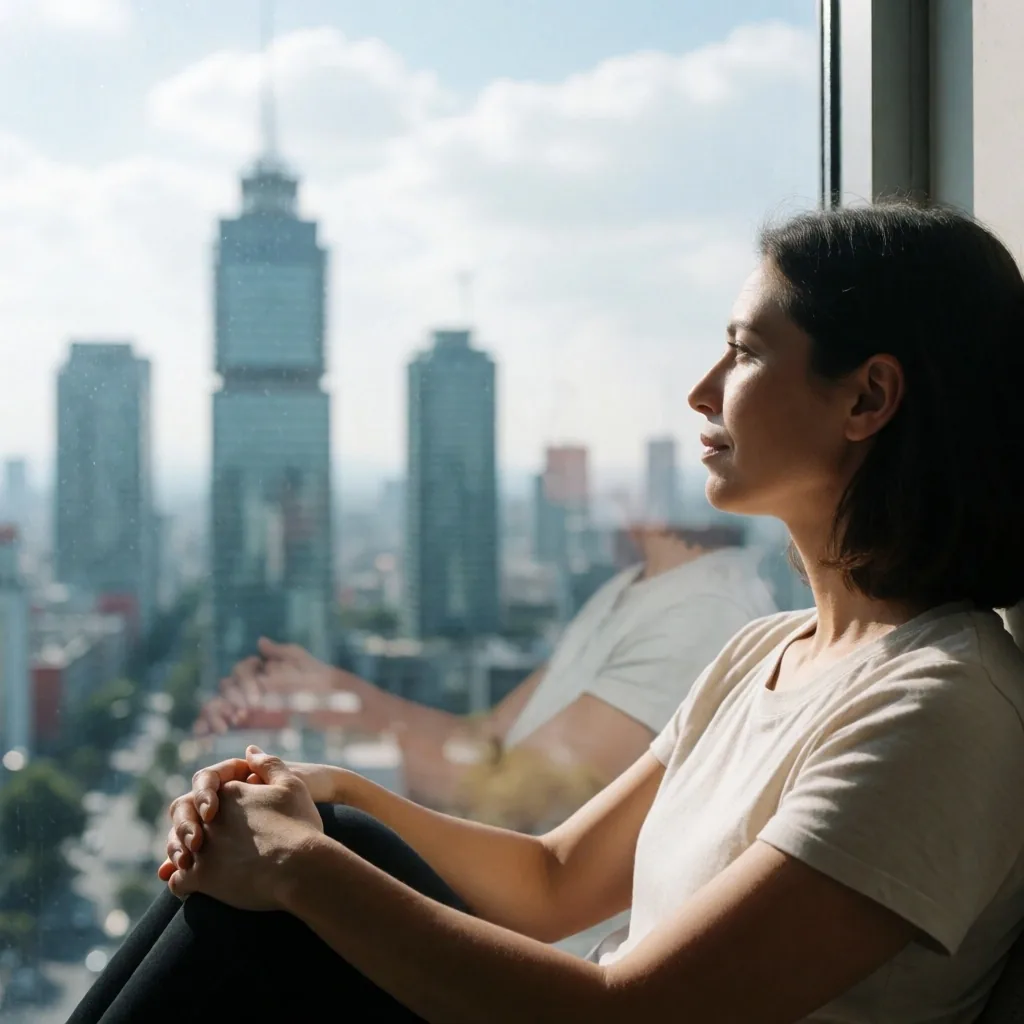 Persona mirando al horizonte por una ventana de oficina en la Ciudad de México
