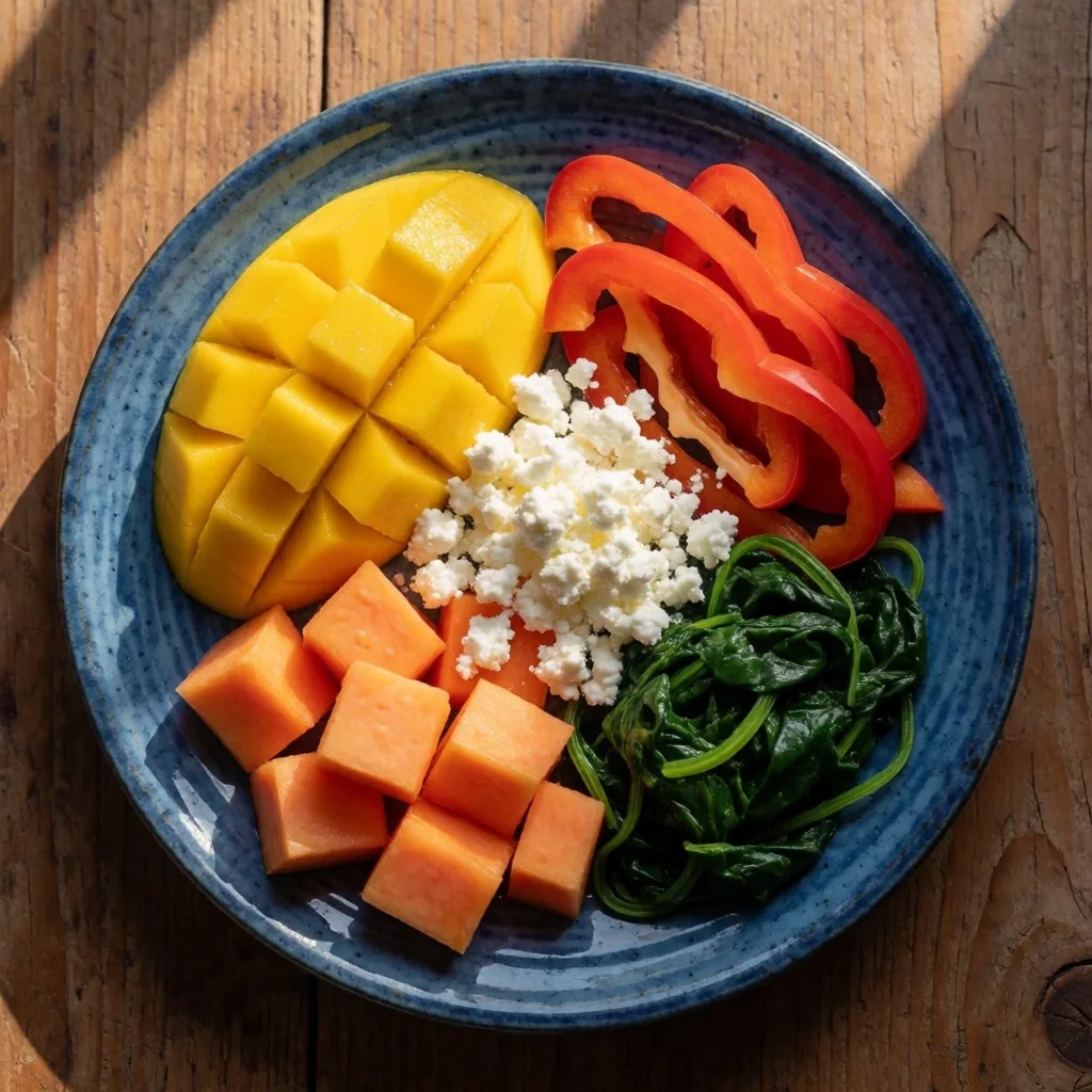 Plato de desayuno mexicano con frutas y vegetales ricos en nutrientes para la vista