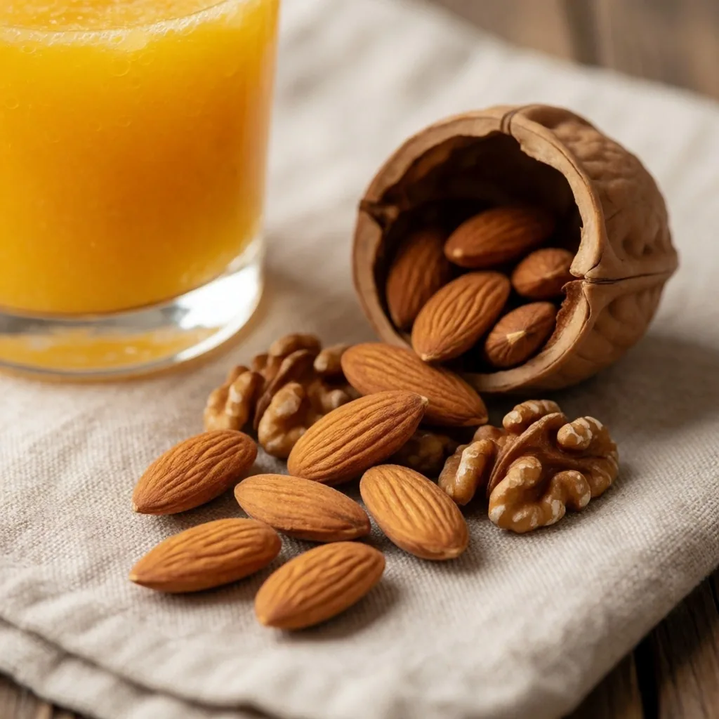 Puñado de almendras y nueces con jugo de naranja natural sobre servilleta de lino
