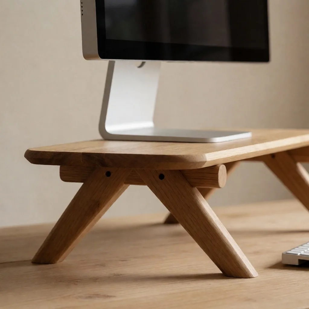 Soporte de madera elevando laptop a la altura de los ojos sobre un escritorio
