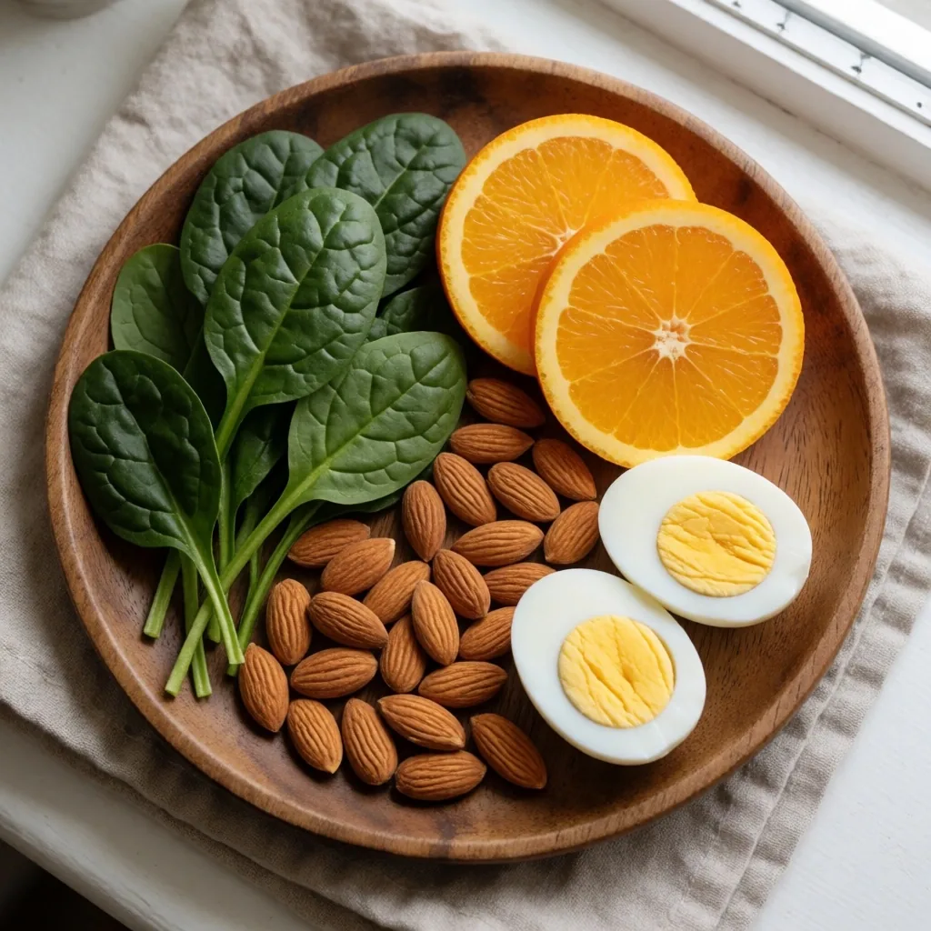 Composición de alimentos saludables para los ojos sobre tela de lino