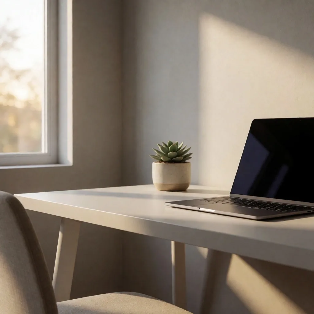 Espacio de trabajo despejado con laptop y luz natural lateral