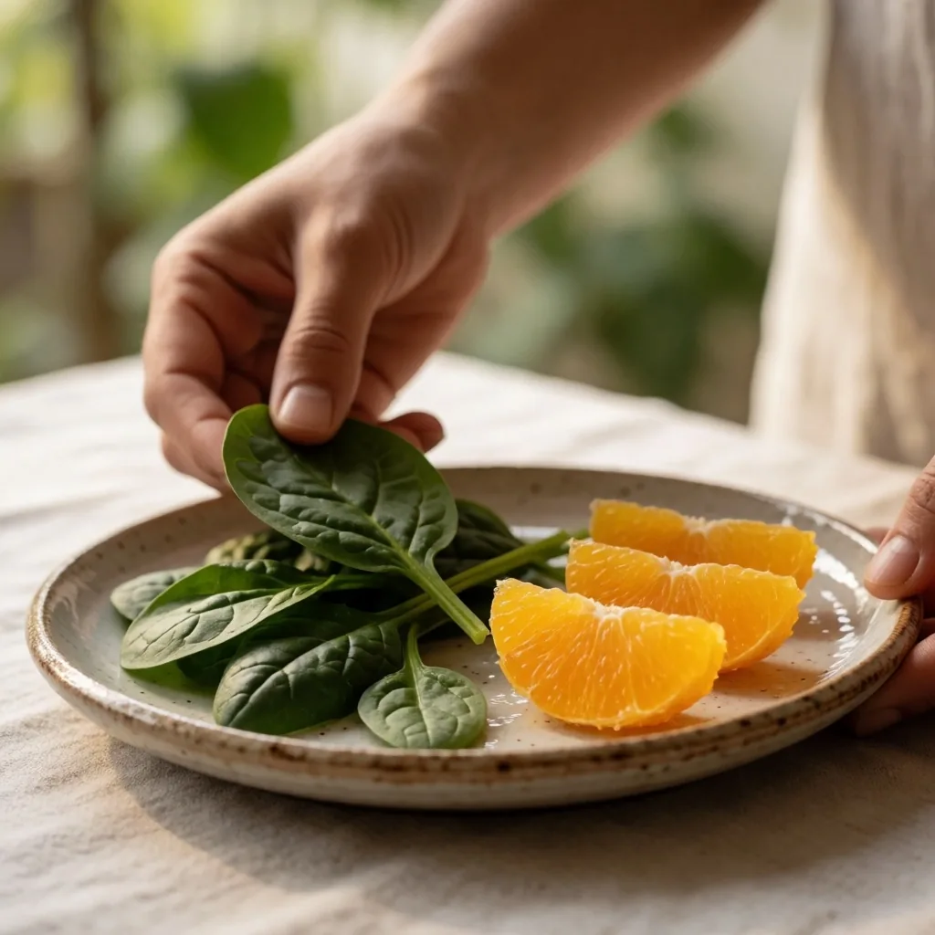 Manos colocando frutas cítricas y vegetales de hoja verde en un plato cerámico