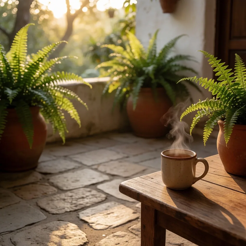 Patio mexicano al amanecer con suelo de piedra, plantas y taza de té sobre mesa de madera