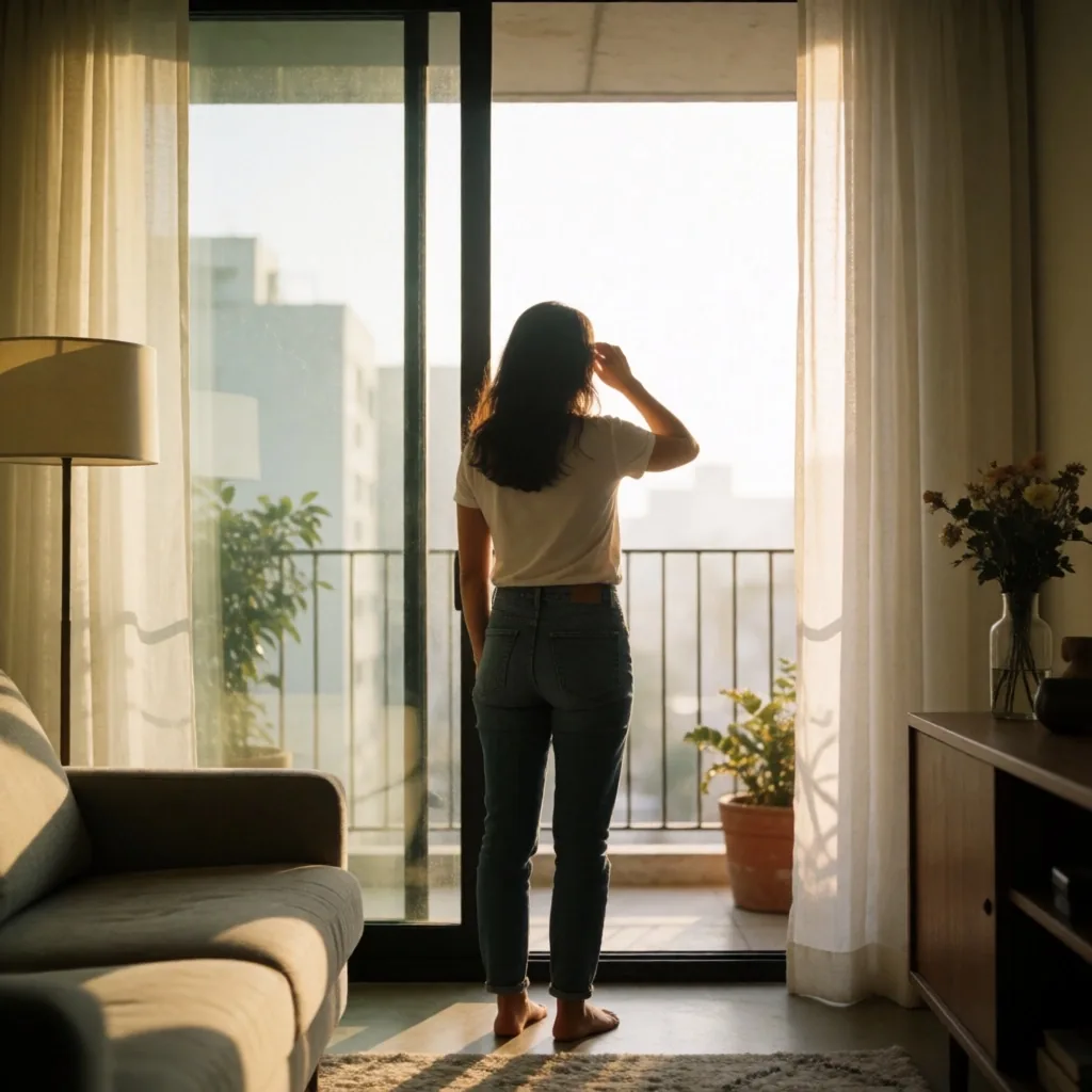 Persona descansando la mirada lejos de la pantalla junto a una ventana
