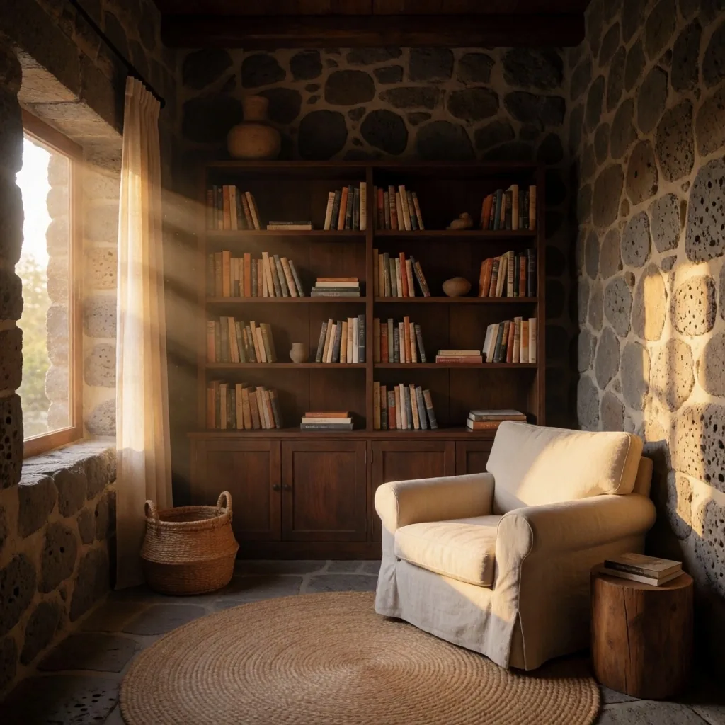 Sala de lectura tranquila con paredes de piedra, luz dorada y textiles de lino