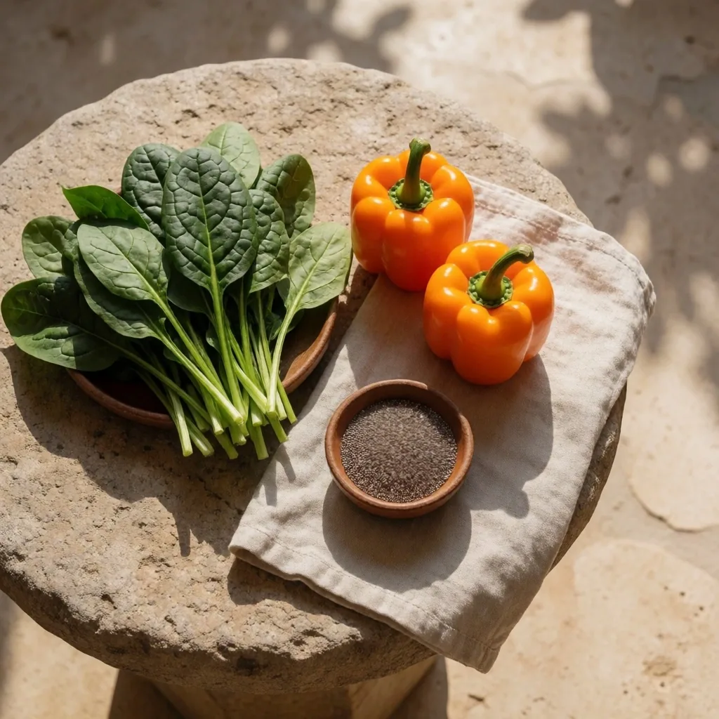 Ingredientes frescos para la salud visual sobre mesa de piedra