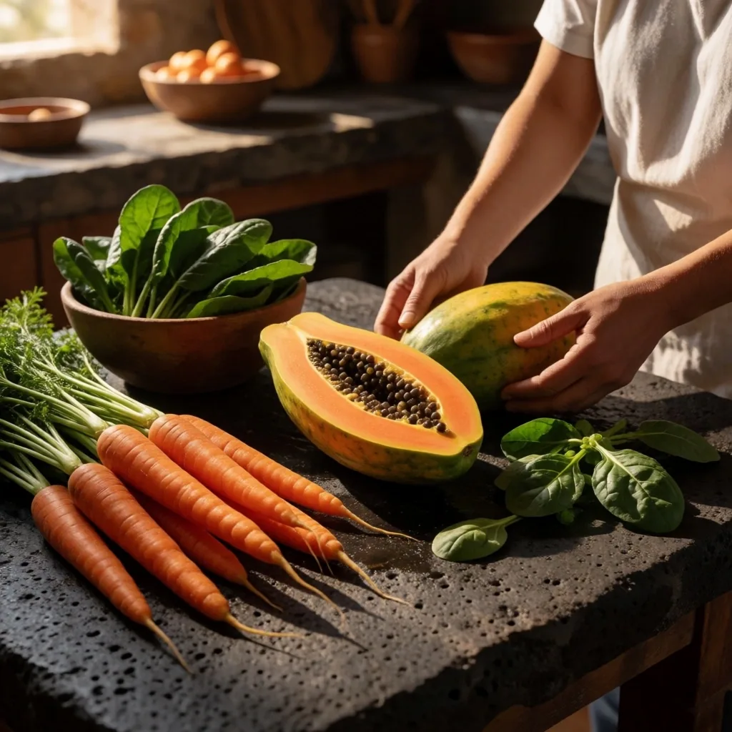 Manos preparando alimentos saludables para los ojos en una cocina mexicana
