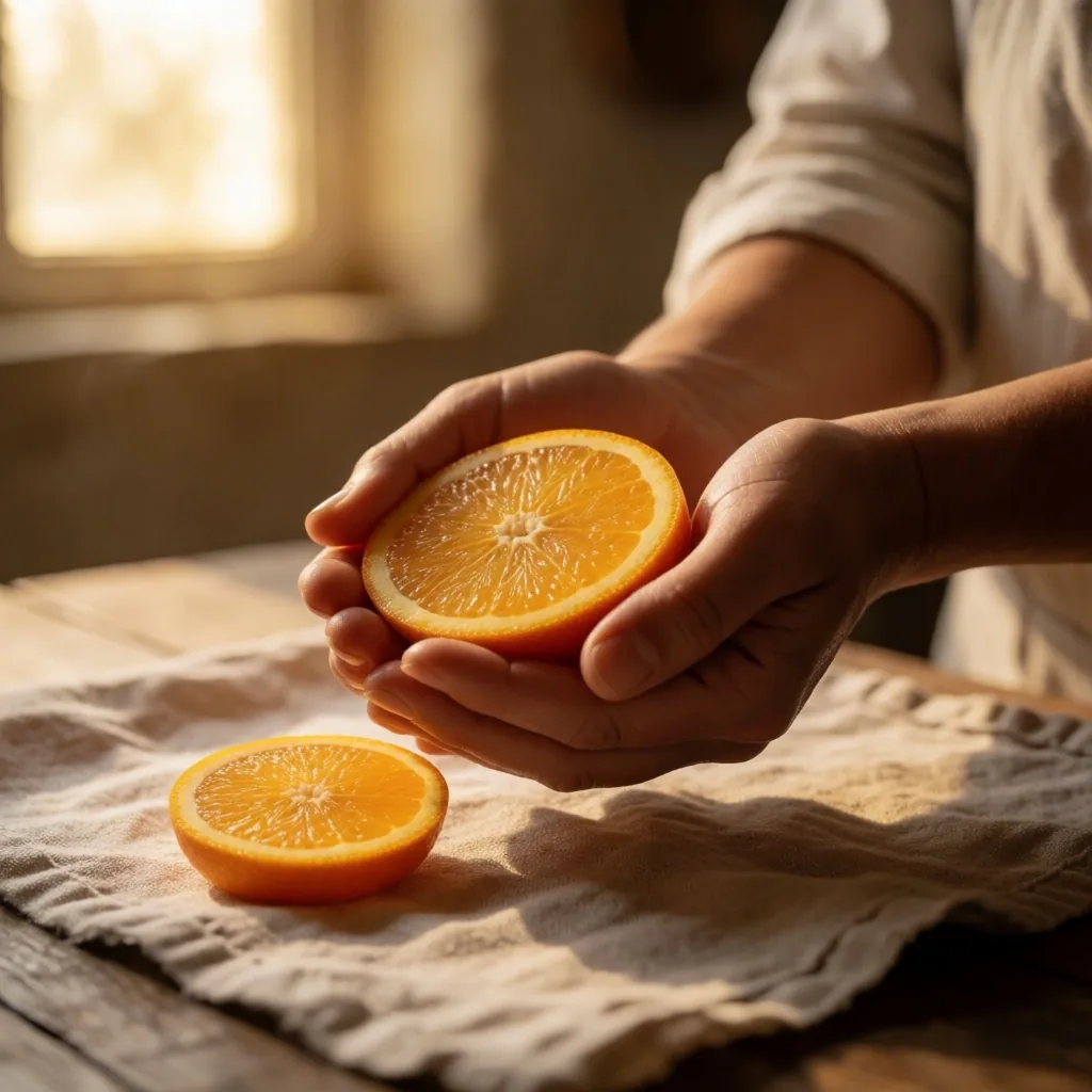 Manos sosteniendo gajos de naranja sobre tela de lino